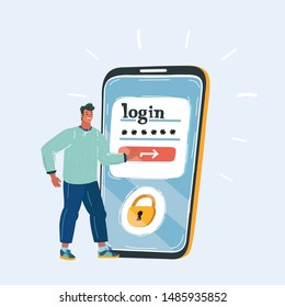 Cartoon vector illustration of Sign In on smartphone screen. Big giant phone, Tiny man push the button to authorization on white.