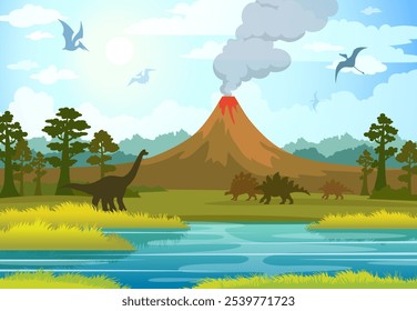 Ilustração vetorial de desenhos animados com silhueta de dinossauros no período Jurássico. Paisagem pré-histórica com floresta, vulcão em erupção, nuvens de fumaça, árvores e rio azul.