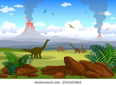 Cartoon vector illustration with silhouette of dinosaurs on the Jurassic period. Prehistoric landscape with stone, erupting volcano, smoke clouds and fern.