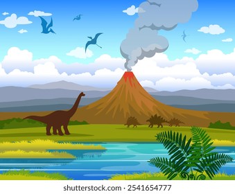 Ilustração vetorial de desenhos animados com silhueta de dinossauros no período Jurássico. Paisagem pré-histórica com floresta, vulcão em erupção, nuvens de fumaça, árvores e rio azul.