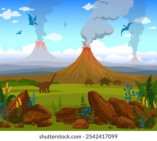 Ilustração vetorial de desenhos animados com silhueta de dinossauros (pterodactil, diplodocus e stegosaurus) no período Jurássico. Paisagem pré-histórica com pedra, vulcão em erupção, nuvens de fumaça e plantas.