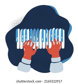 Cartoon vector illustration of silhouette of hands playing piano over dark backround.