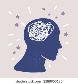 Cartoon vector illustration of Silhouette of human head with tangled line inside, like brain. Concept of chaotic thought process, confusion, personality disorder and depression.