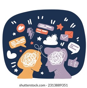 Cartoon vector illustration of Silhouette of human head with tangled line inside, like brain. Concept of chaotic thought process, confusion, personality disorder and depression. Man and woman one thou