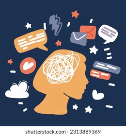 Cartoon vector illustration of Silhouette of human head with tangled line inside, like brain. Concept of chaotic thought process, confusion, personality disorder and depression over dark background