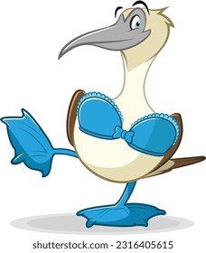 cartoon vector illustration of a silly booby bird standing on one leg wearing a blue bra