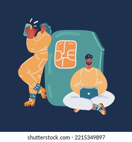 Cartoon vector illustration of SIM card type size. Micro people standing and working near chip cards over dark backround