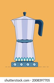 Cartoon vector illustration of a simple geyser coffee maker on a gas stove isolated on a yellow background. Vector illustration in a flat style. Vector illustration