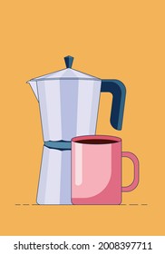 Cartoon vector illustration of a simple geyser coffee maker with hot coffee in a pink mug isolated on a yellow background. Vector illustration in a flat style. Vector illustration