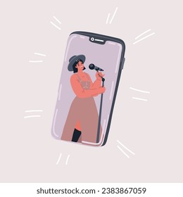 Cartoon vector illustration of Singing girl in smartphone,young woman vocalis with a microphone.Music and video on mobile device,listening to clips and tunes online