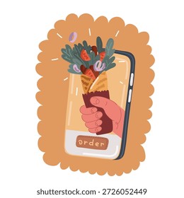 Ilustración vectorial de dibujos animados de una sola línea continua dibujando mano sosteniendo kebab a través del teléfono móvil. Concepto de la entrega de pedidos de restaurante en línea de alimentos. Aplicación para smartphones. Una línea dibuja la Ilustración vectorial del Diseño gráfico
