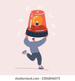 Cartoon vector illustration of siren. Man run with alarm siren police. Attention