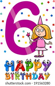 Cartoon Vector Illustration of the Sixth Birthday Anniversary Design for Girls