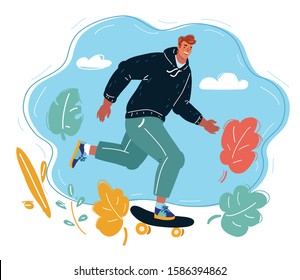 Cartoon vector illustration of Skateboarder. Man ride on skateboard.