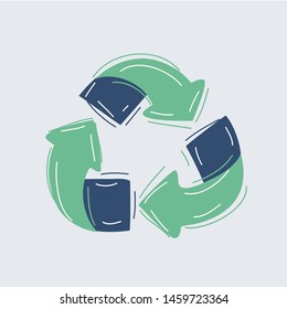 Cartoon vector illustration of Sketch doodle recycle reuse symbol isolated on white background. Recycle sign for ecological design zero waste lifestyle. Hand drawn concept.