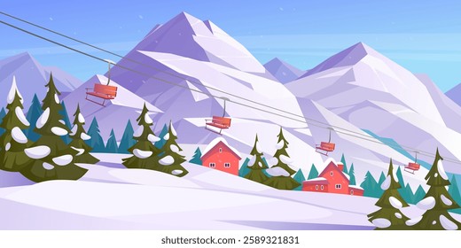 Cartoon vector illustration of a ski resort with cable cars, snowy mountains, and cozy cabins under a clear blue sky. Ski resort landscape with snowy mountains and a clear blue sky during daylight.