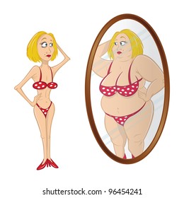 Cartoon Vector Illustration Of A Skinny Anorexic Model Looking In Mirror