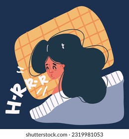 Cartoon vector illustration of Sleep control Young woman sleeping at home in her bed. View above, close-up over dark background