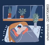 Cartoon vector illustration of sleeping woman over dark backround