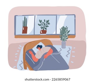 Cartoon vector illustration of sleeping woman in her bed.