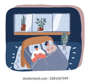 Cartoon vector illustration sleepless man and woman characters in the bed with bad emotional feeling over dark background