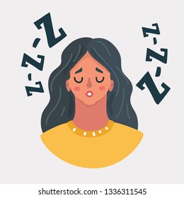 Cartoon vector illustration of Sleepy or drowsy young girl, isolated on white. Tired woman. Female face on white background.