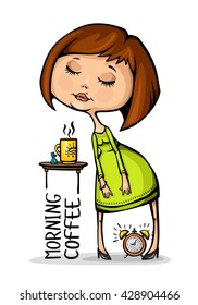 Cartoon vector illustration sleepy girl with eyes closed with coffee and candy, isolated white background. Calligraphic inscription morning coffee 1.1