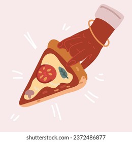 Cartoon vector illustration of Slice of Italian pepperoni pizza holding by hand