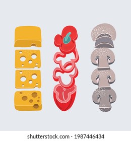Cartoon vector illustration of Sliced food set. Chees, paprica, mushroom on white backroud.