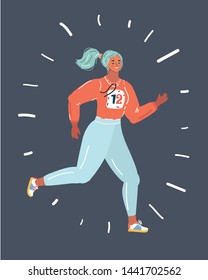 Cartoon vector illustration of Slim attractive sportswoman running on dark background.