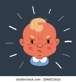 Cartoon vector illustration of Small angry baby boy face, sad and frustrated child that needs a big hug on dark backround.