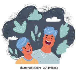 Dibujo vectorial de dibujos animados de un niño pequeño charlando con su padre joven aislado en un fondo oscuro
