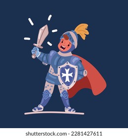 Cartoon vector illustration Small boy knight costume standing with sword in hand over dark backround