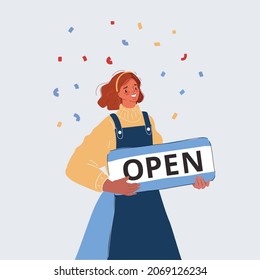 Cartoon vector illustration of Small Business owner woman with Open sign on white background.