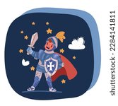 Cartoon vector illustration of Small children dressed up knight. Kids costume party. Dressing up for party, carnival over dark background
