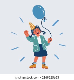 Cartoon vector illustration of Small girl with balloons. Happy celebrate concept