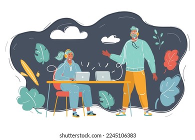 Cartoon vector illustration of Small group of people working - Team of casual business men and woman working on computer and talking together.
