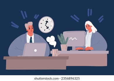 Ilustración vectorial de dibujos animados de un pequeño grupo de personas trabajando - Equipo de hombres y mujeres de negocios casuales trabajando en computadora y hablando juntos sobre fondo oscuro