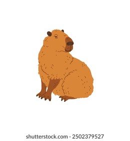 Cartoon vector illustration of a small, happy capybara sitting calmly and looking back with a cheerful smile. Charming design, perfect for wildlife lovers.