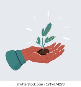 Cartoon vector illustration of small plant in palm of human hand on white background.