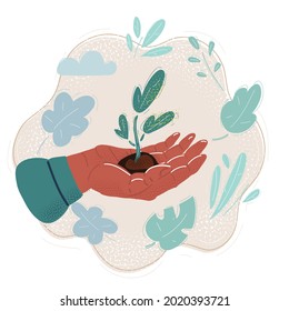 Cartoon vector illustration of small plant in human hand.