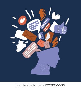 Cartoon vector illustration of Smart human head. Social media content inside over dark background
