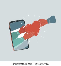 Cartoon vector illustration of smartphone Like concept. Hand with heart shape. Online hand to hand love on white background.