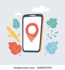 Cartoon vector illustration of smartphone with mobile gps navigation on the screen. Location mark on white.
