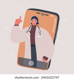 Cartoon vector illustration of smartphone screen with female therapist on chat in messenger and an online consultation.Online medical advise or consultation service, tele medicine, cardiology