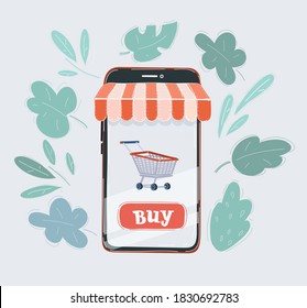 Cartoon vector illustration of smartphone with shopping cart icon on a screen. Isolated on white background.