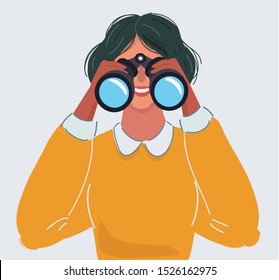 Cartoon vector illustration of smile woman looking througt binoculars at you on white background. Close up view.