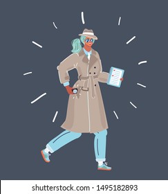 Cartoon vector illustration of Smiley woman in a hat in a coat and sunglasses. Female spy old school character on dark background.