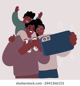 Cartoon vector illustration of Smiling afro family playing having fun together and take photo. Mother, father, son together on shoulder. Black skin cartoon people rejoicing