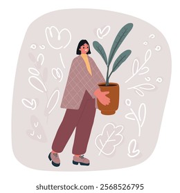 Cartoon vector illustration of Smiling beautiful young woman with a plant in pot